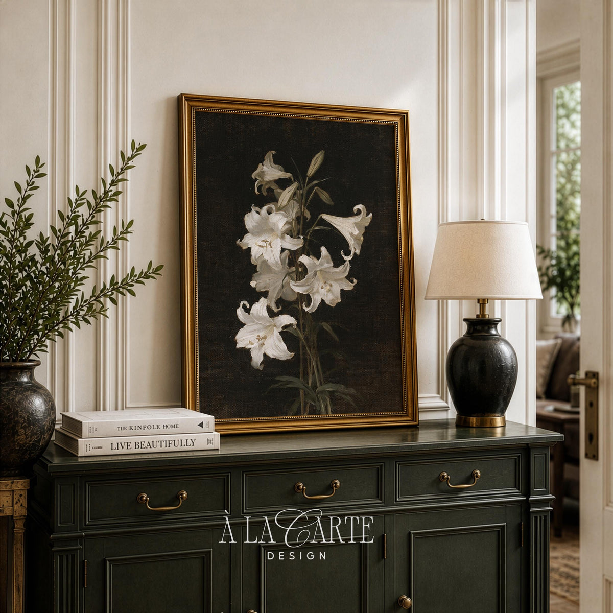 Moody botanical portrait poster for aesthetic spaces — vintage lily study with rich contrasts