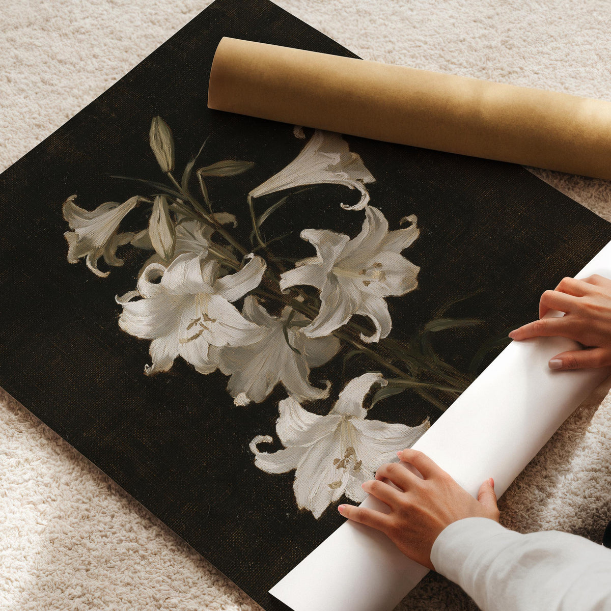 White lilies poster art for bedroom — moody dark academia botanical with vintage brushstrokes