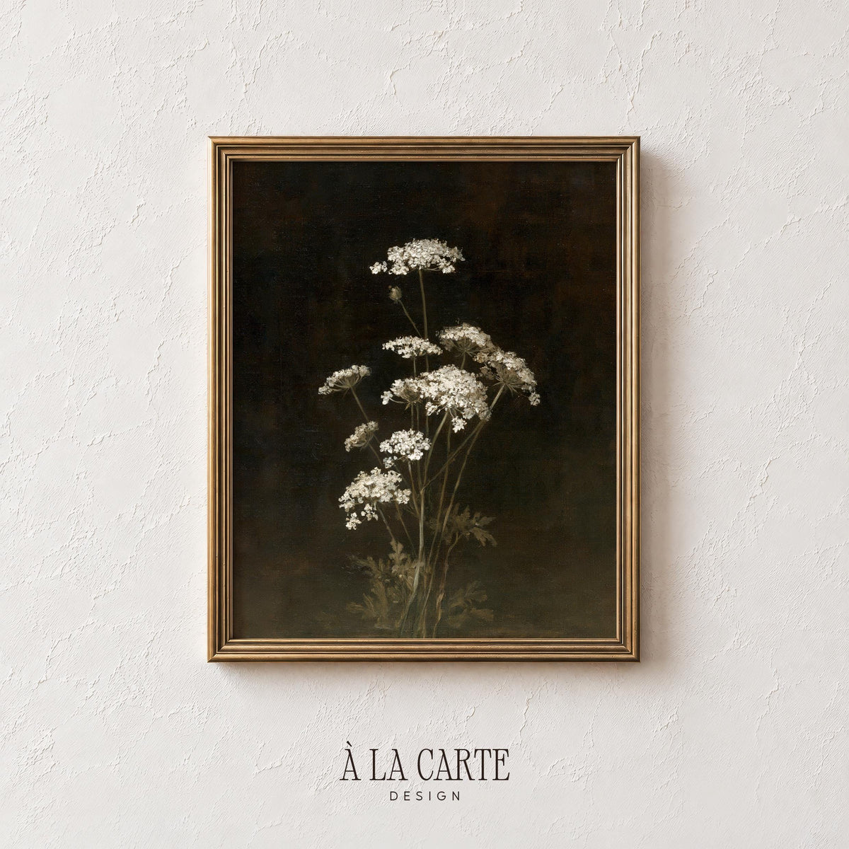 Classic botanical printable wall art for living space — vintage flower study with muted palette and dramatic near-black background