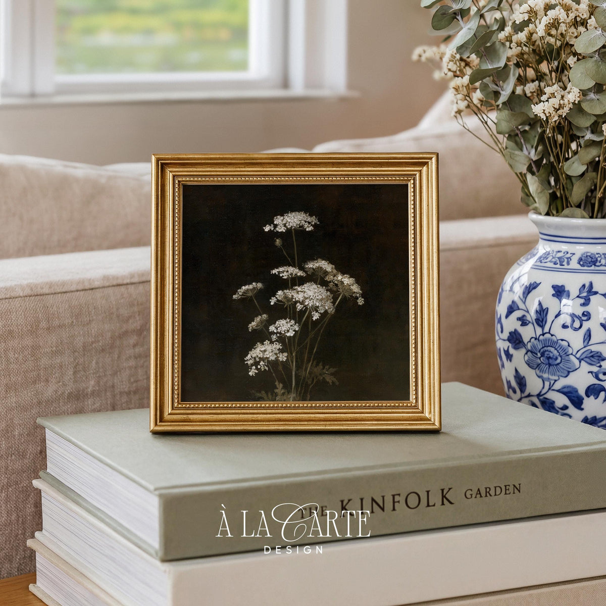 Vintage floral digital download for library — Queen Anne's Lace with deep charcoal backdrop and old-world museum quality