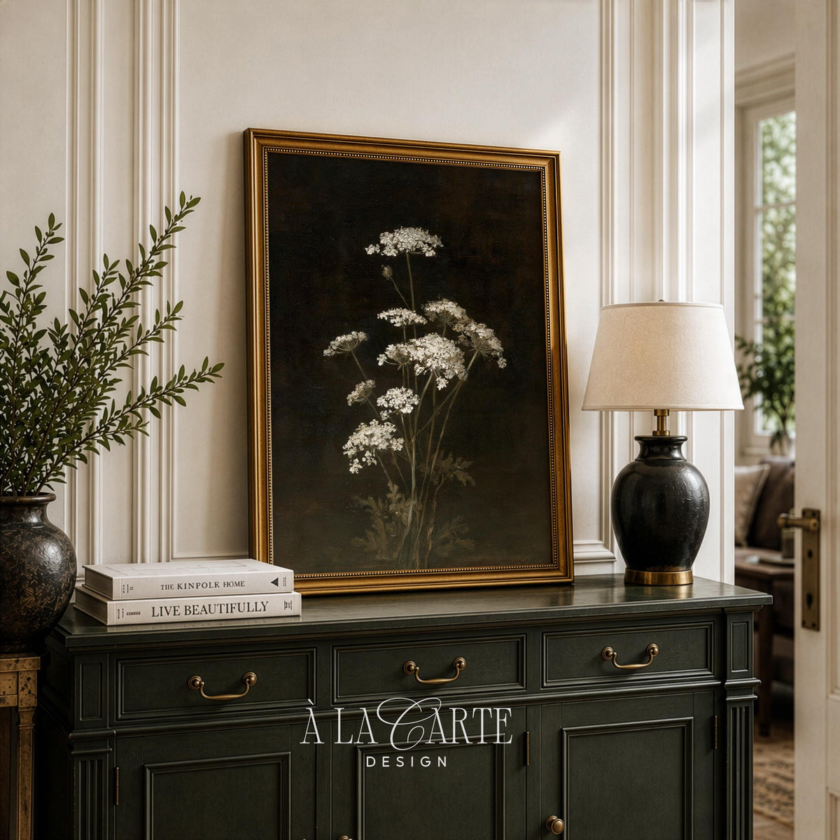 Antique wildflower poster print — cream-colored blooms with classical still-life composition and museum-worthy dark backdrop
