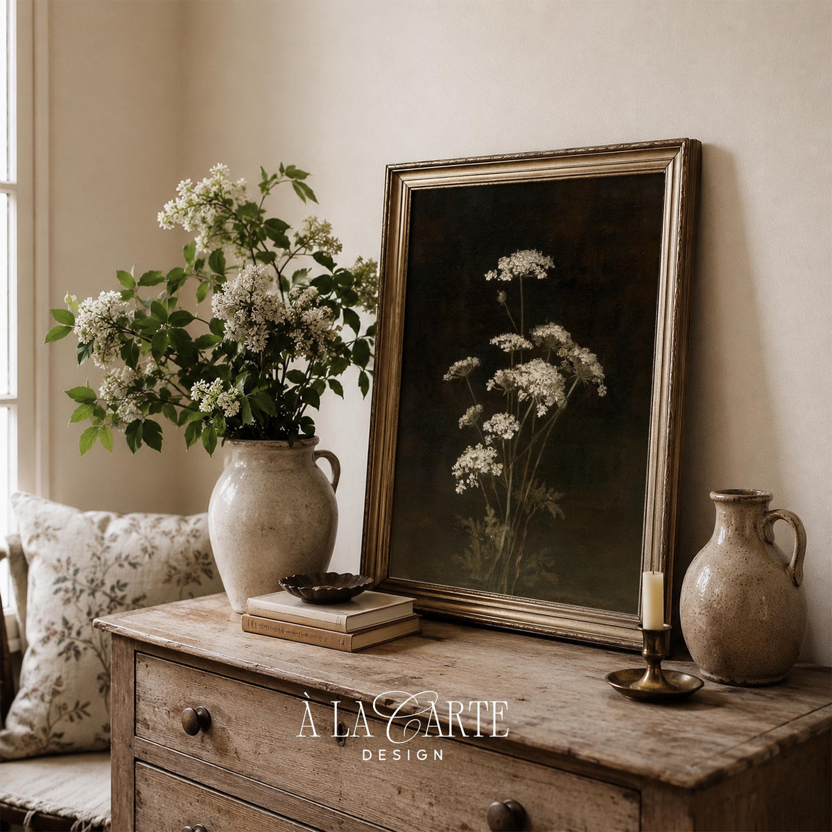Dark academia botanical poster — delicate pale blooms with aged composition and rustic old master oil painting style