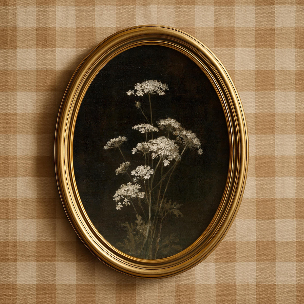 Vintage botanical digital print for gallery wall — delicate clustered flowers with antique patina and dramatic shadowy composition