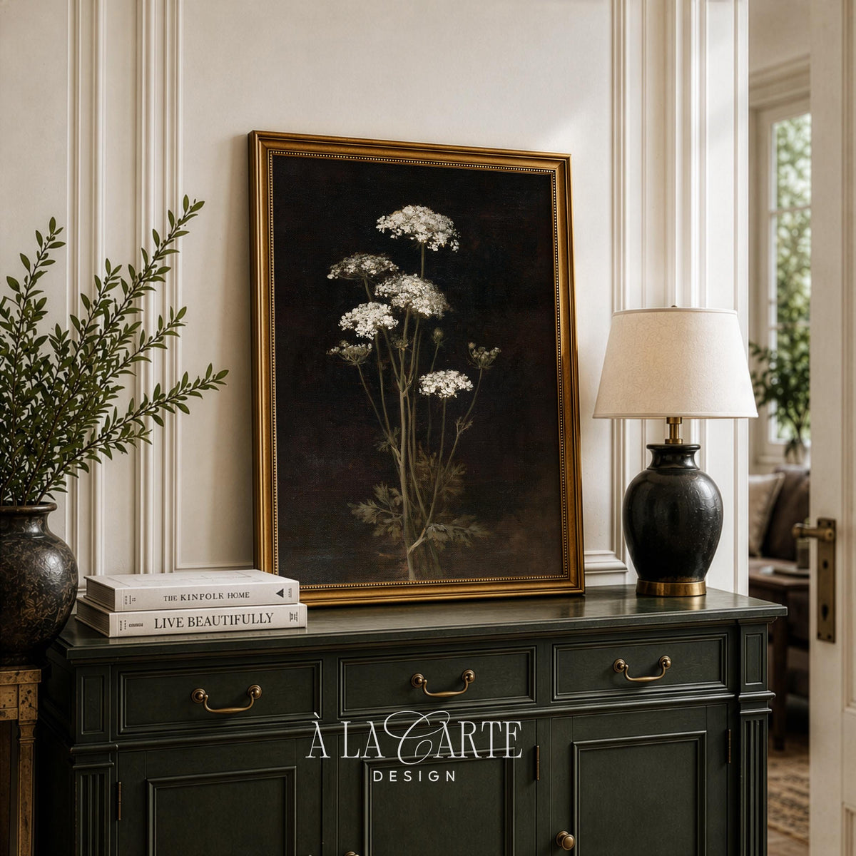 Vintage lace flower poster print for living room — dramatic dark background with soft ethereal white wildflower clusters