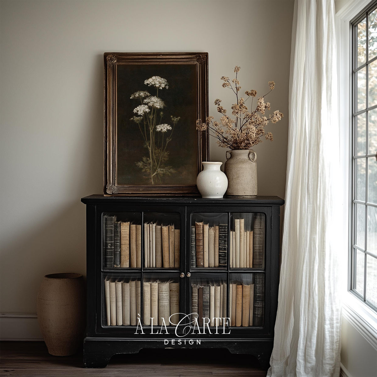 Cottagecore botanical flower wall print for bedroom — moody nature illustration with refined painterly brushwork and elegance
