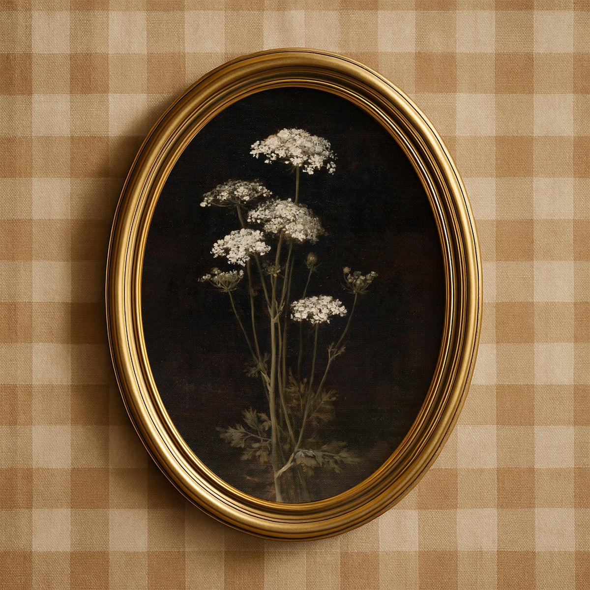Dark moody floral artwork for entryway — Queen Anne's Lace with ethereal white blooms and slender green stems