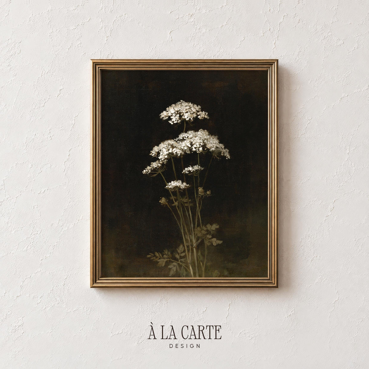 Botanical cluster painting digital art for home — vintage rustic style with delicate stems, shadowy depth, and classic still-life mood