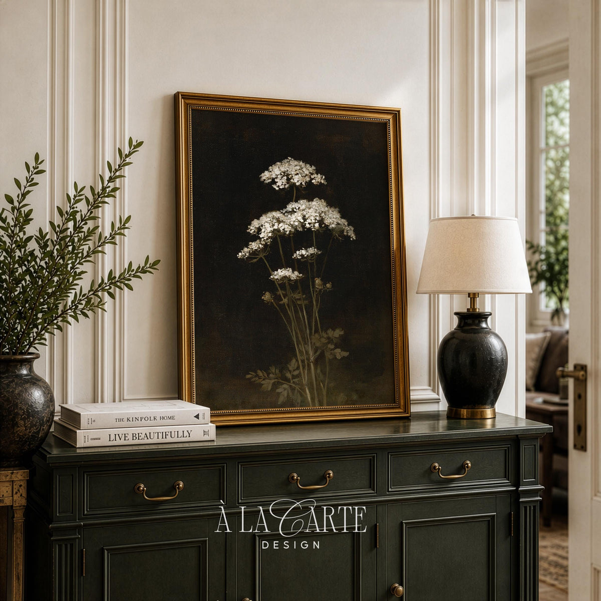 Soft white florals digital print for study nook — dark academia aesthetic with old master painting techniques and muted tones
