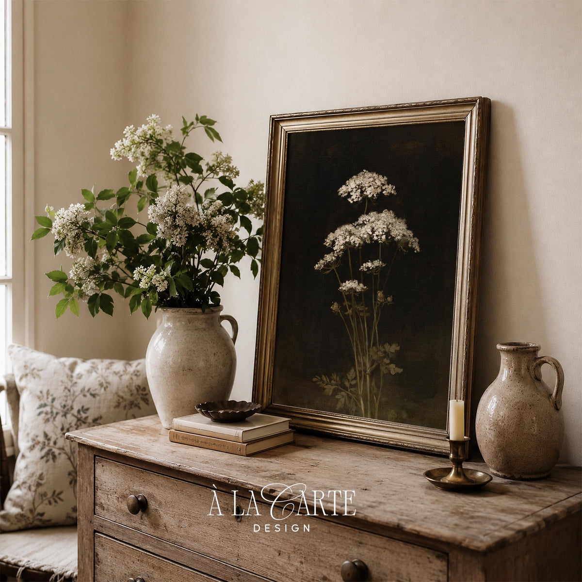 Delicate wildflower poster for study — dark academia style painting featuring clustered white florals and rich earthy tones