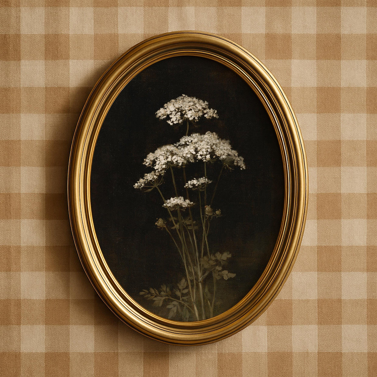 White flowering stems digital print for library — rustic botanical artwork with soft brushwork and muted olive undertones