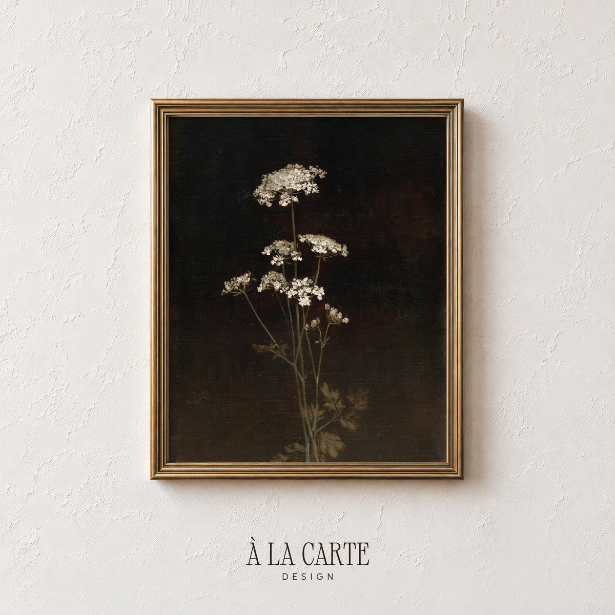 Elegant wildflower painting wall decor for bedroom — shadowy stems and intricate bloom details in vintage style