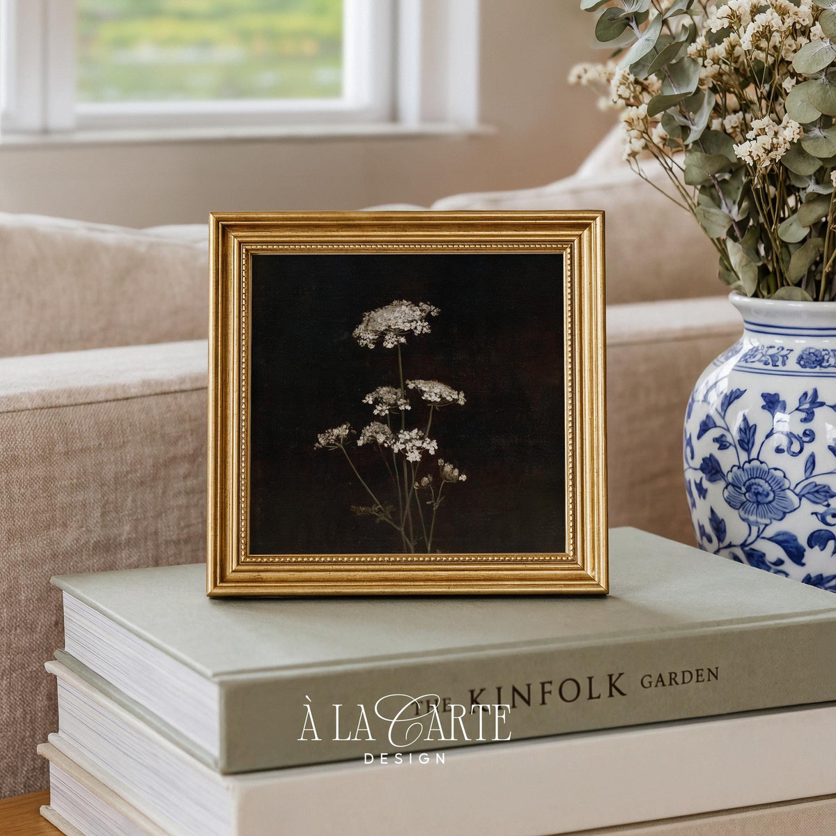 Botanical vintage poster for bedroom — wispy flower stems emerging from shadows with classical elegance