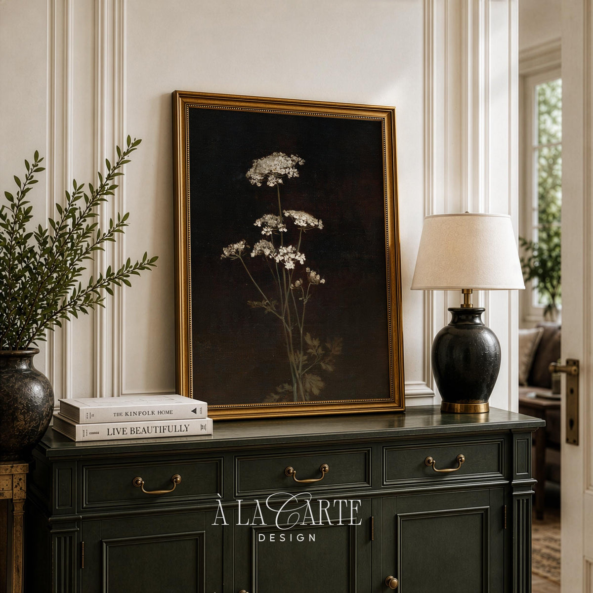 Dark dramatic flower artwork for library — queen anne's lace painting with fine detail and antique aesthetic