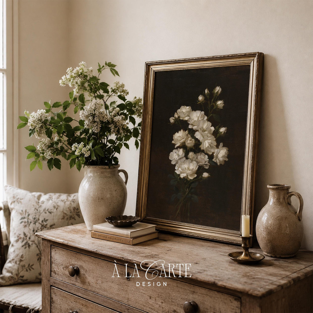 Elegant petals artwork printable download — moody vintage-inspired botanical with soft glowing blooms
