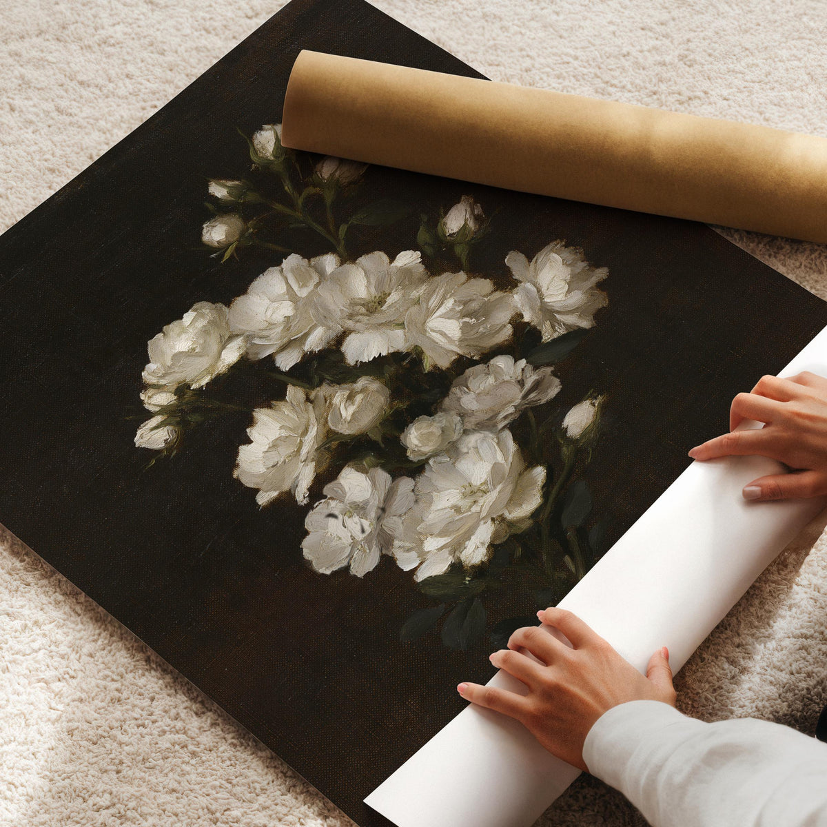 Cream blooms poster instant download — vintage still life with dramatic dark backdrop and elegant brushwork