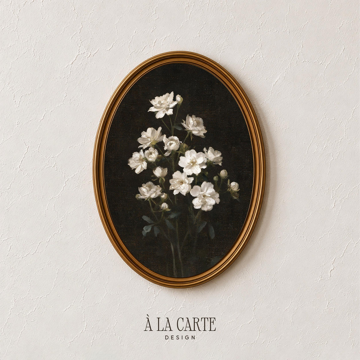 White flower painting printable art for bedroom — moody dark academia style with vintage brushstrokes and black background