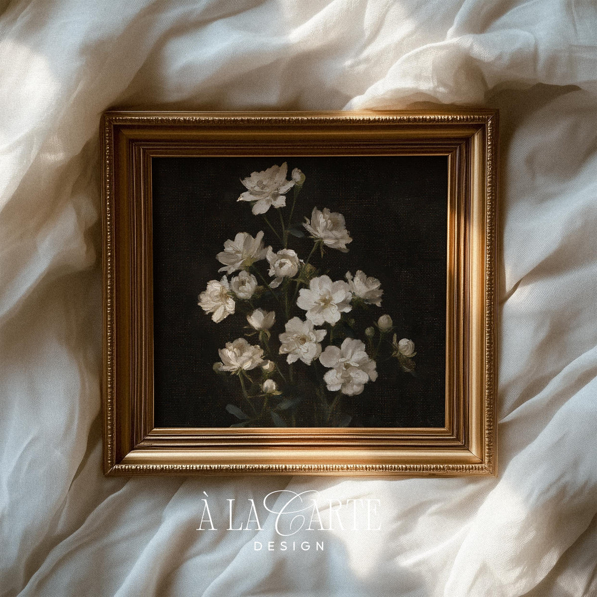Classic botanical artwork printable — moody elegance with delicate white petals against deep, rich background