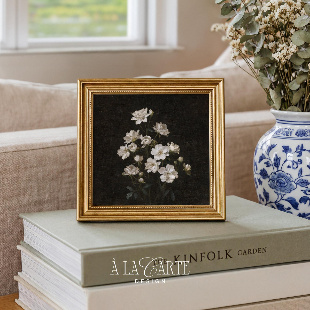 Floral still life digital print for study — dark, elegant flowers on black with soft green foliage accents