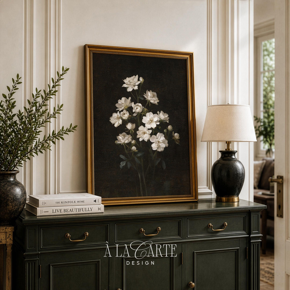 Romantic stem arrangement poster print — moody floral with delicate petals on deep background
