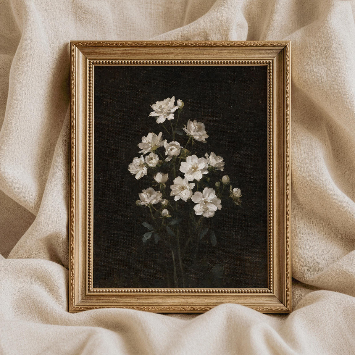 Dark academia floral artwork instant download — vintage-style white blooms with atmospheric black setting
