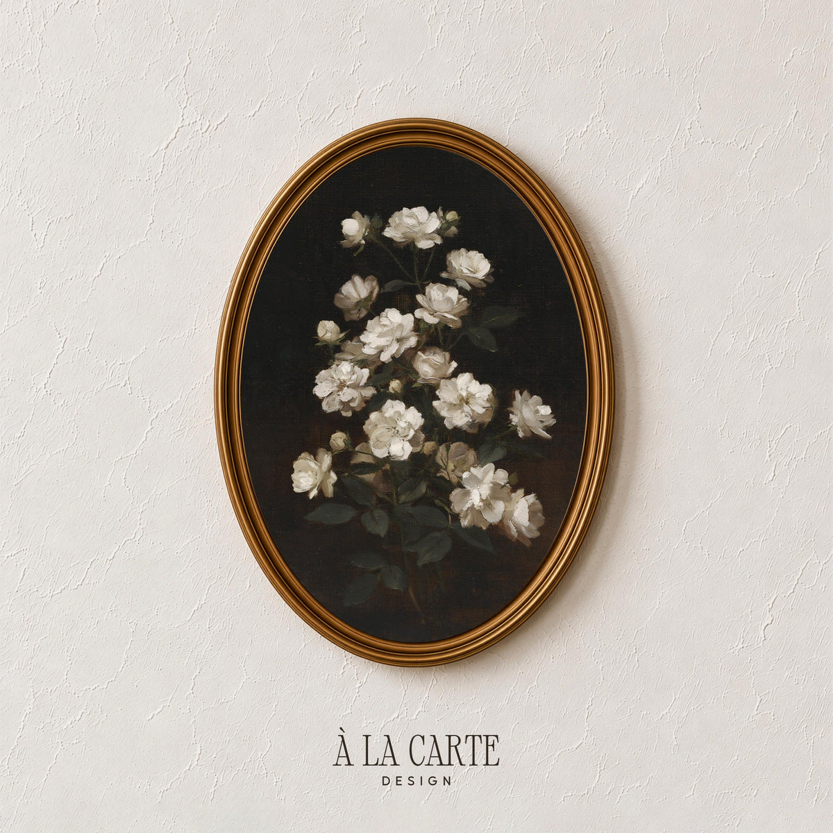Classical ivory rose picture for entryway — dark academia wall art with antique brushwork and atmospheric depth