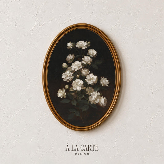 Classical ivory rose picture for entryway — dark academia wall art with antique brushwork and atmospheric depth