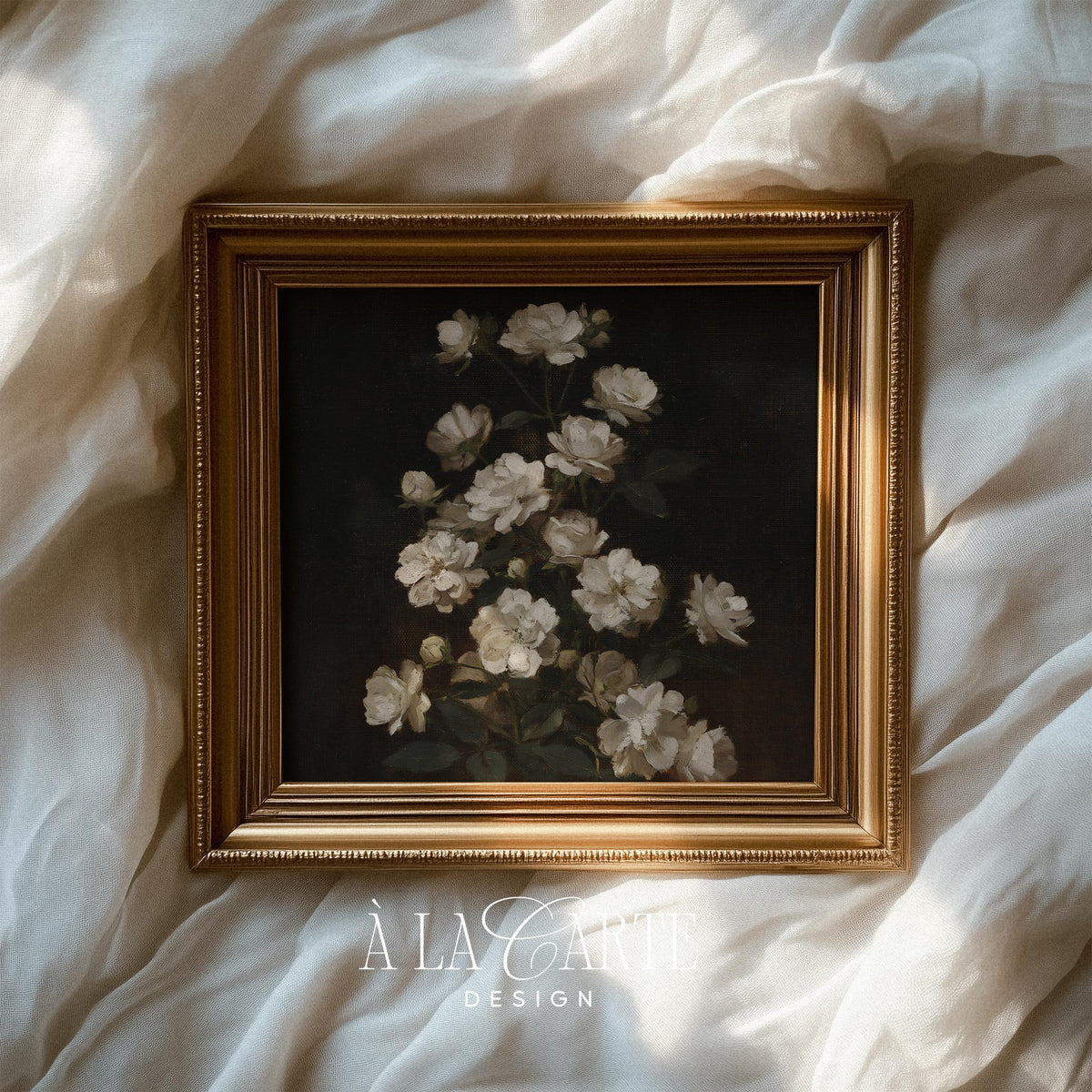 White roses printable art for bedroom — moody vintage painting with dark background and romantic botanical aesthetic
