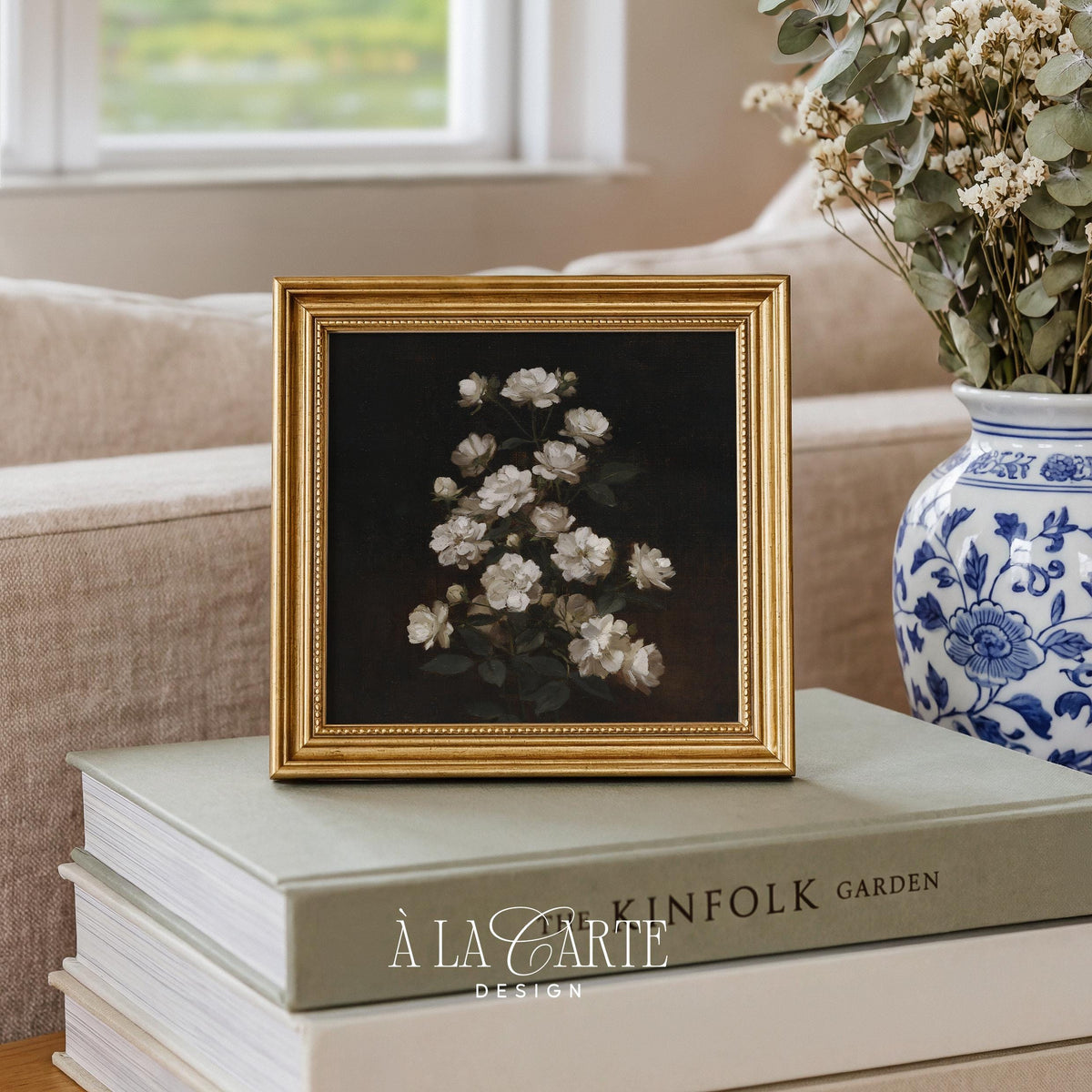 Heritage flower wall art for study — moody romantic painting with traditional still life composition and rich texture
