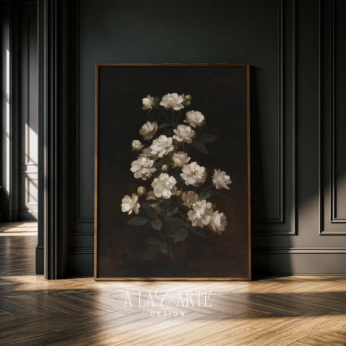 Timeless blossom wall art for library — dark academia botanical painting with glowing white blooms and textured finish