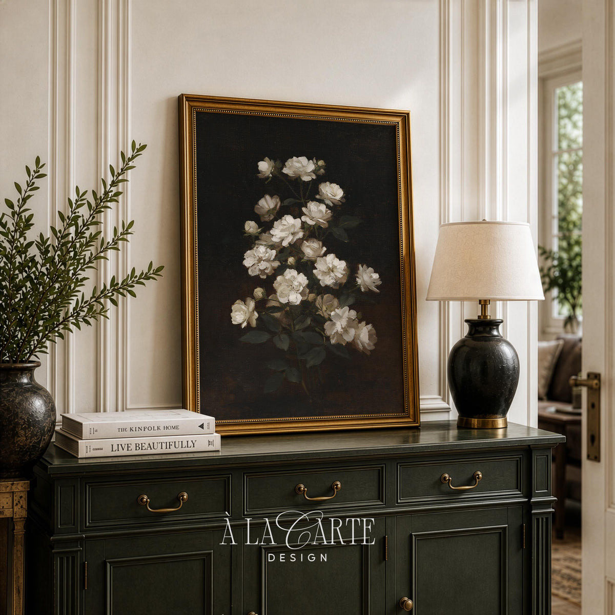 Vintage romantic flower poster printable — pale cream roses artwork with deep background and antique painting aesthetic