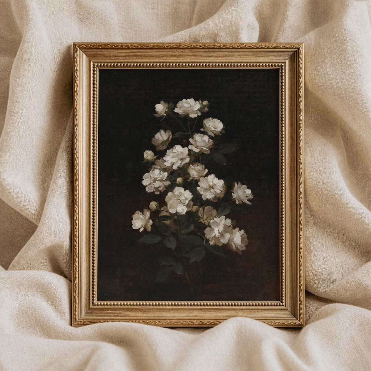 White flower wall art instant download — romantic vintage painting style with deep tones and glowing highlights