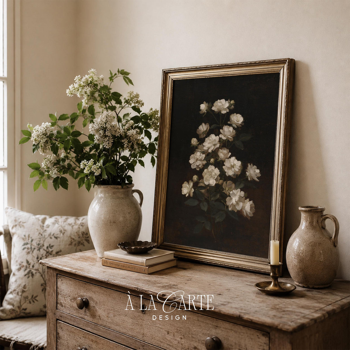 Classical botanical wall decor instant download — moody vintage rose illustration with dramatic shadows and romantic charm