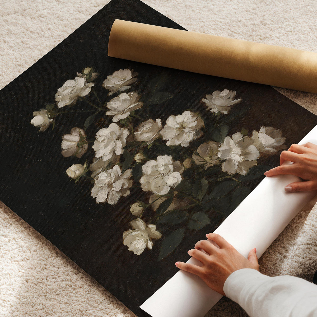 Pale blossom poster — moody vintage aesthetic printable art with romantic period charm and shadowy ambiance