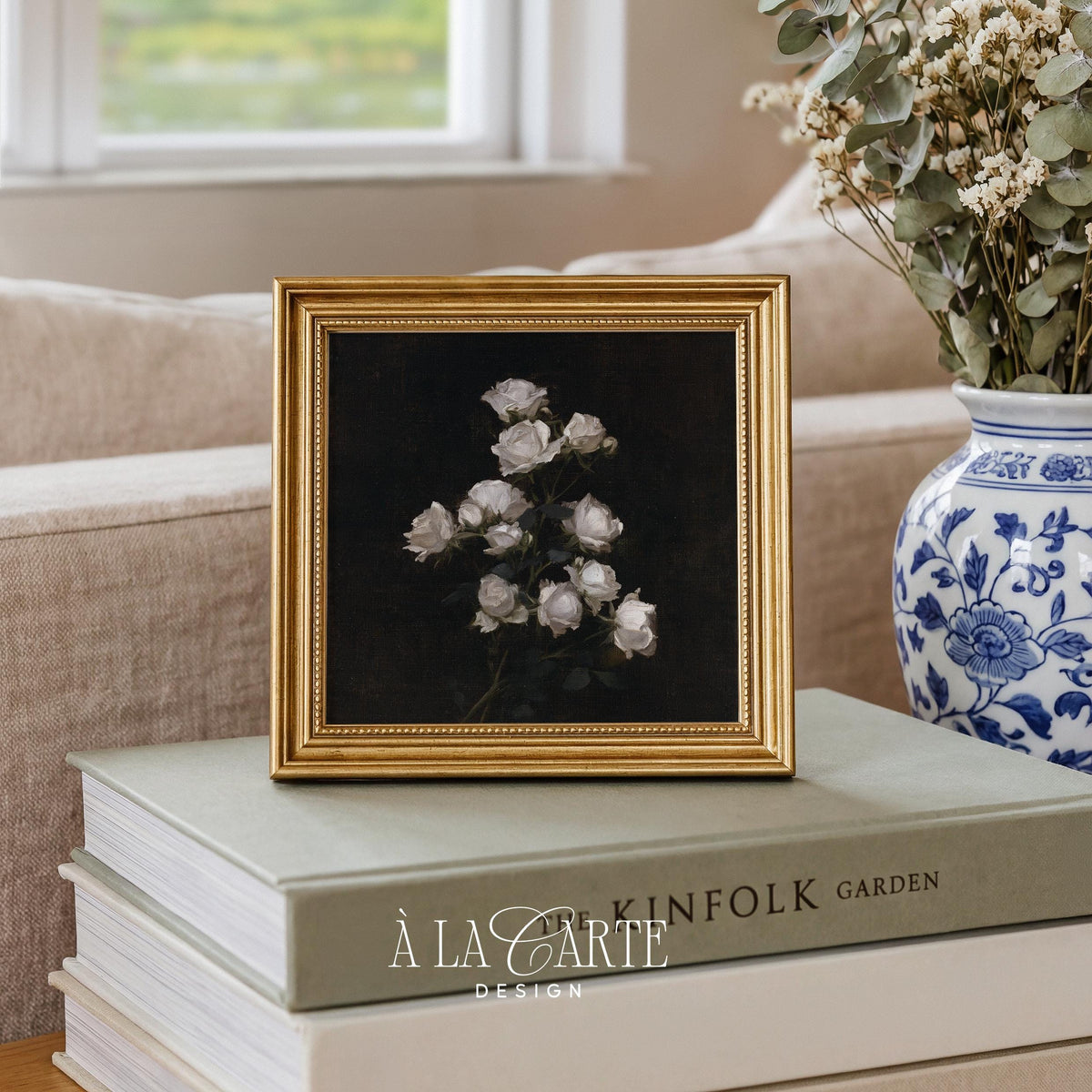 Classic blossom still-life digital art print — romantic dark academia florals with brushstroke authenticity