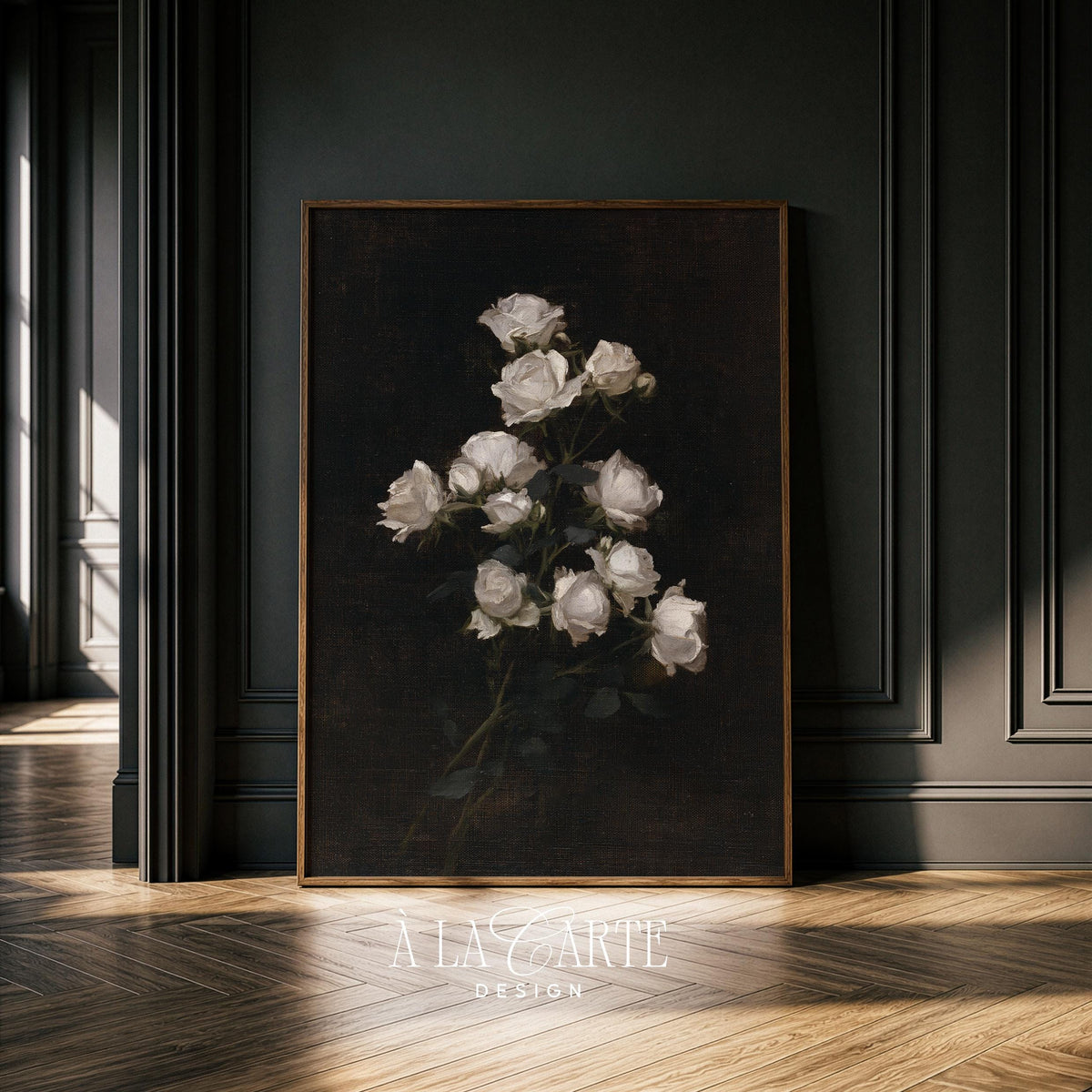 White roses painting wall art for bedroom — moody dark academia florals with vintage oil texture