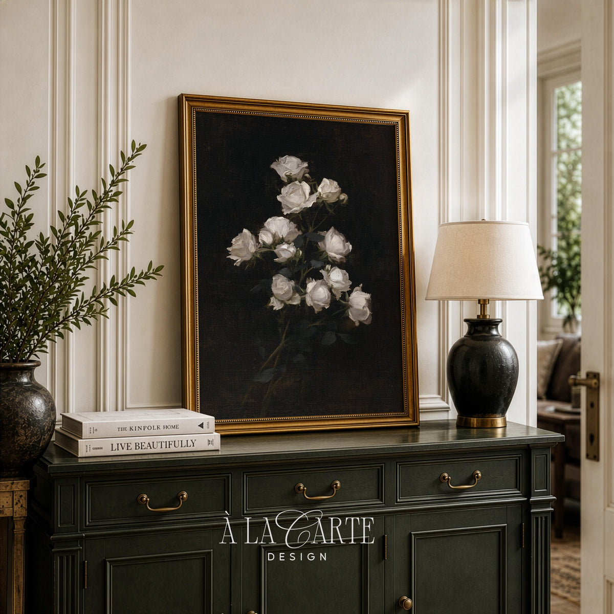 Delicate white florets poster for entryway gallery wall — moody vintage romance with foliage and contrast
