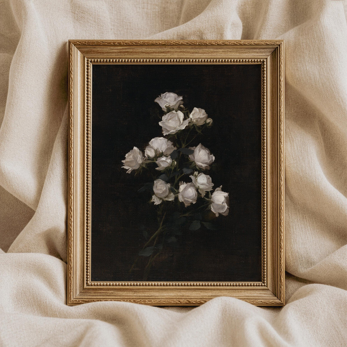 Rose arrangement artwork for gallery wall — vintage brushstroke florals against dramatic charcoal setting