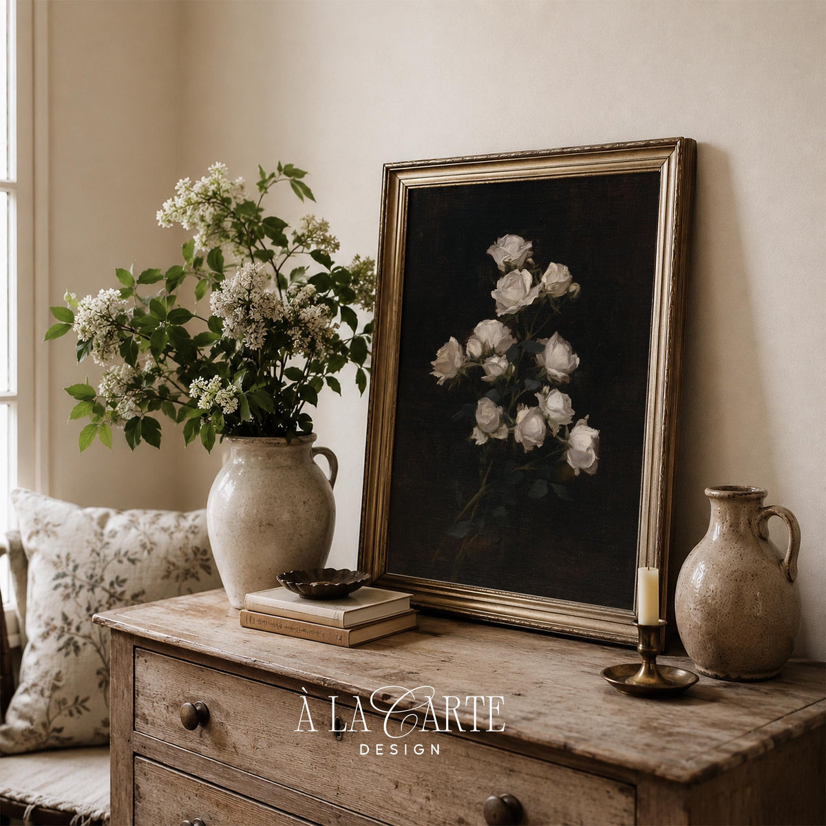Botanical white petals poster instant download — moody vintage illustration with rich textured brushwork