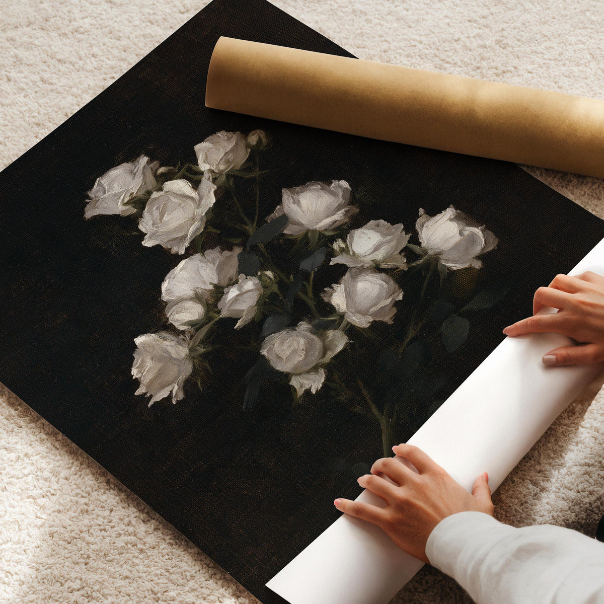 Pale blossom picture wall decor for entryway — classic dark romance aesthetic with muted green stems