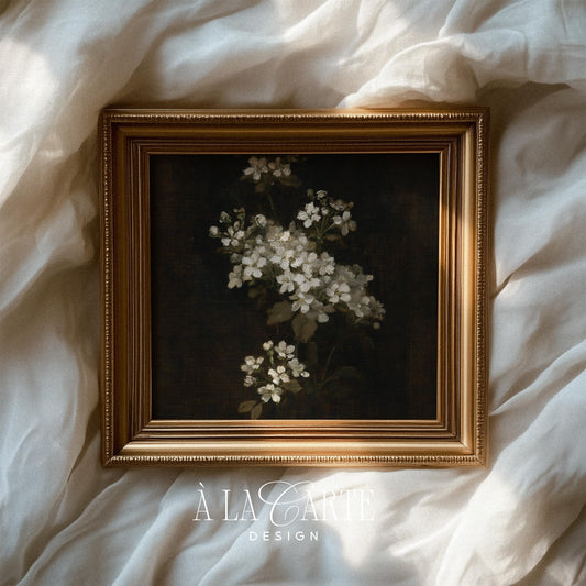 White flowering branch wall poster for study — moody antique botanical study with textured painterly finish