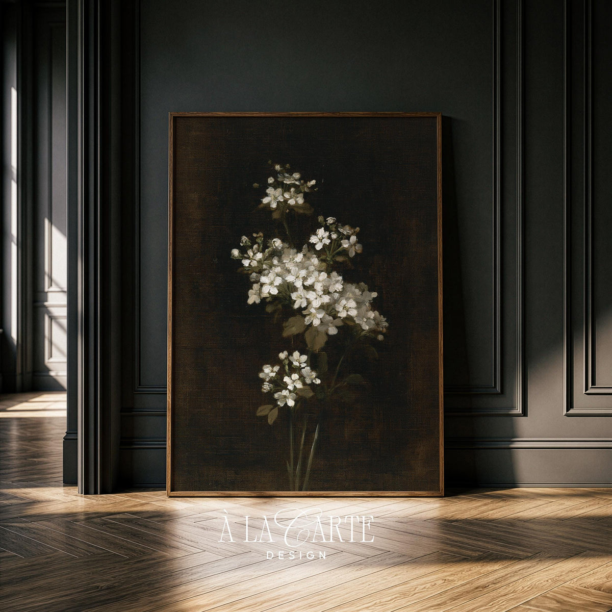 Botanical branch artwork for bedroom — aged gallery-style floral with shadowy muted palette and refined elegance