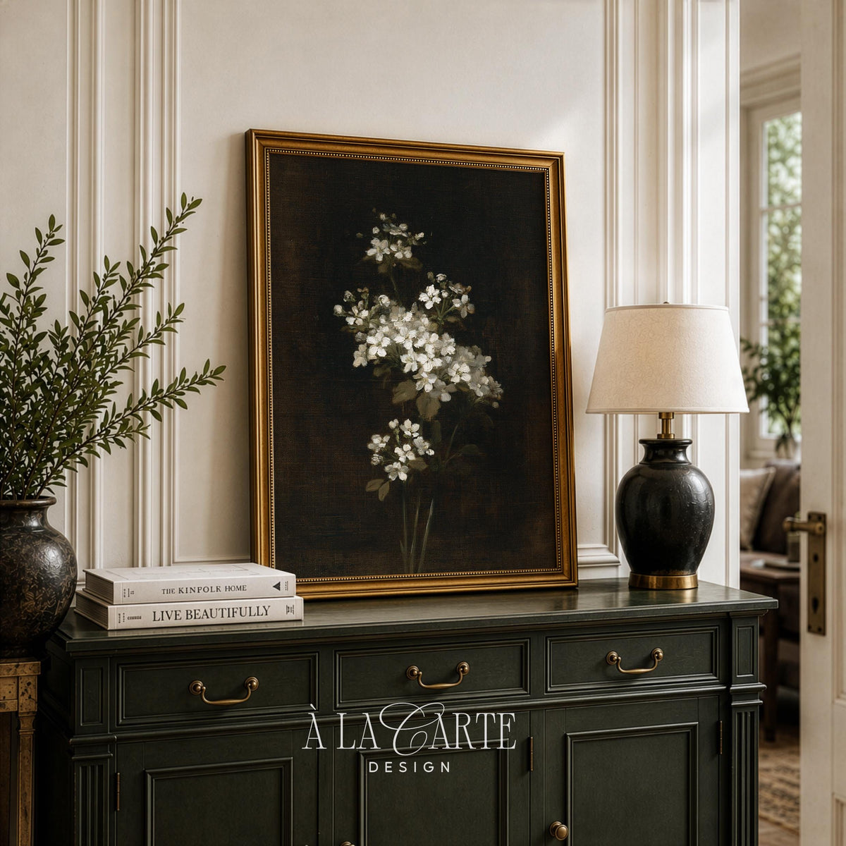 White apple blossom branch painting for bedroom — moody vintage botanical art with dark shadowy background