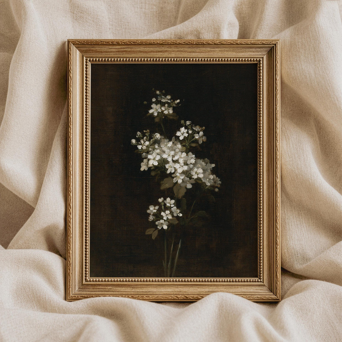 Blossom study digital download for bedroom — moody vintage botanical print with rich dark backdrop and elegant composition