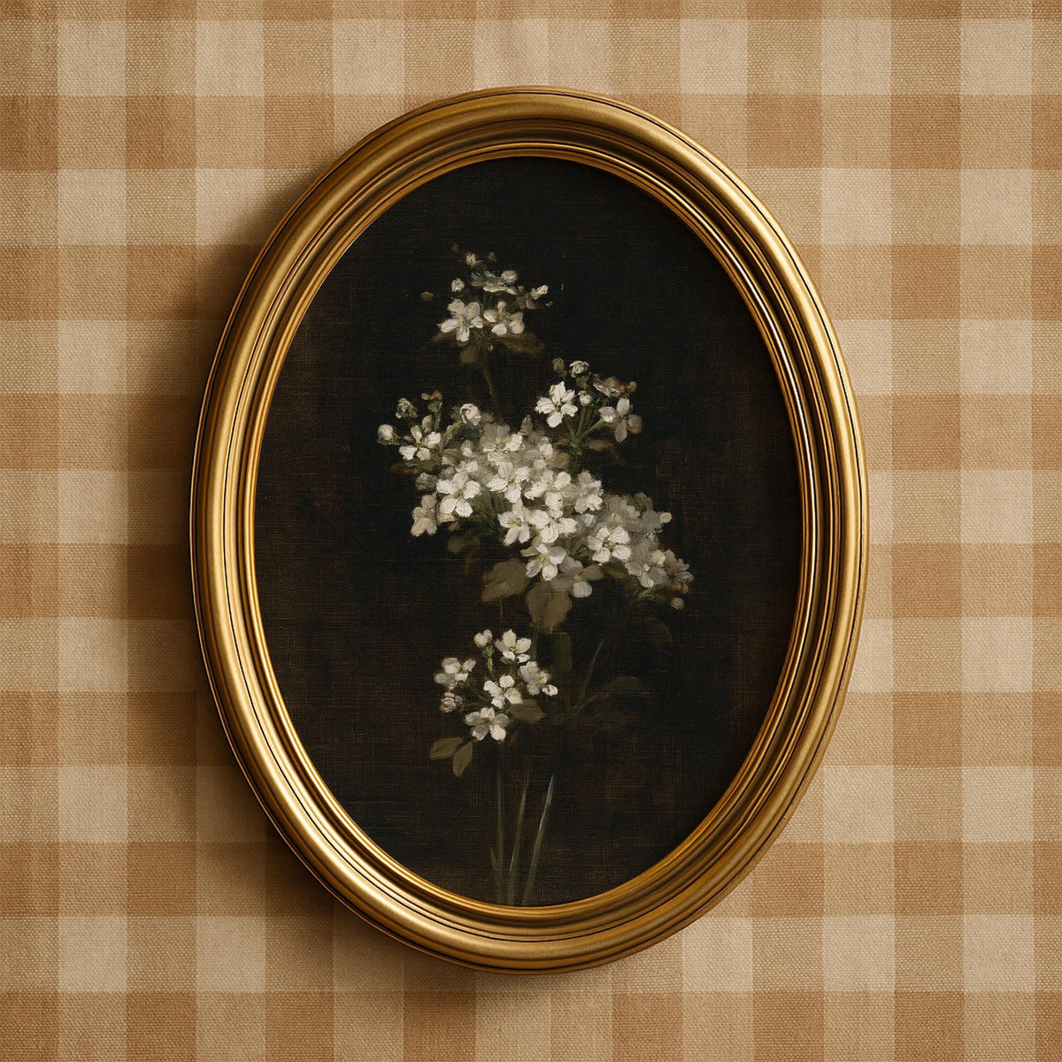Apple blossom poster for gallery wall — elegant old-world botanical with textured brushwork and rich dark aesthetic