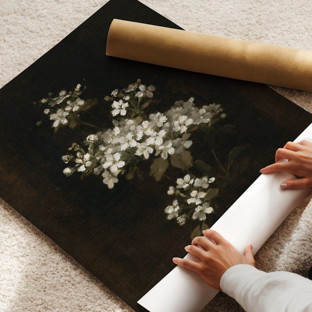 Soft white flowers digital print for entryway — moody vintage painting with classic dark academic charm