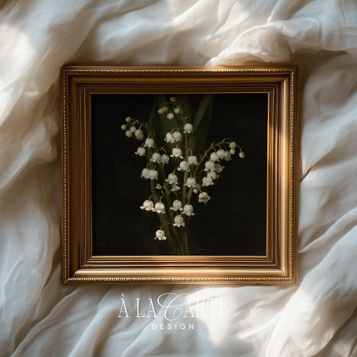 Antique flower study digital print — moody lily cluster with arching stems and atmospheric chiaroscuro