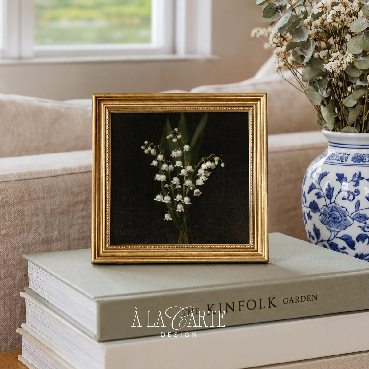 Lily of the valley poster art — moody vintage botanical with white bell flowers and dark romantic background