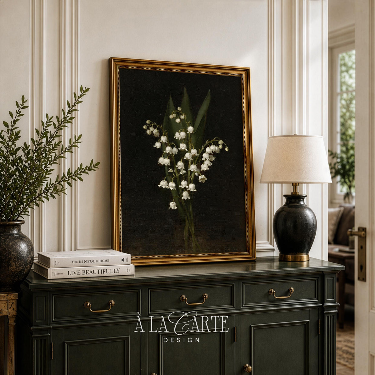 White bell flower painting printable art — elegant cottagecore botanical study with shadowy chiaroscuro lighting