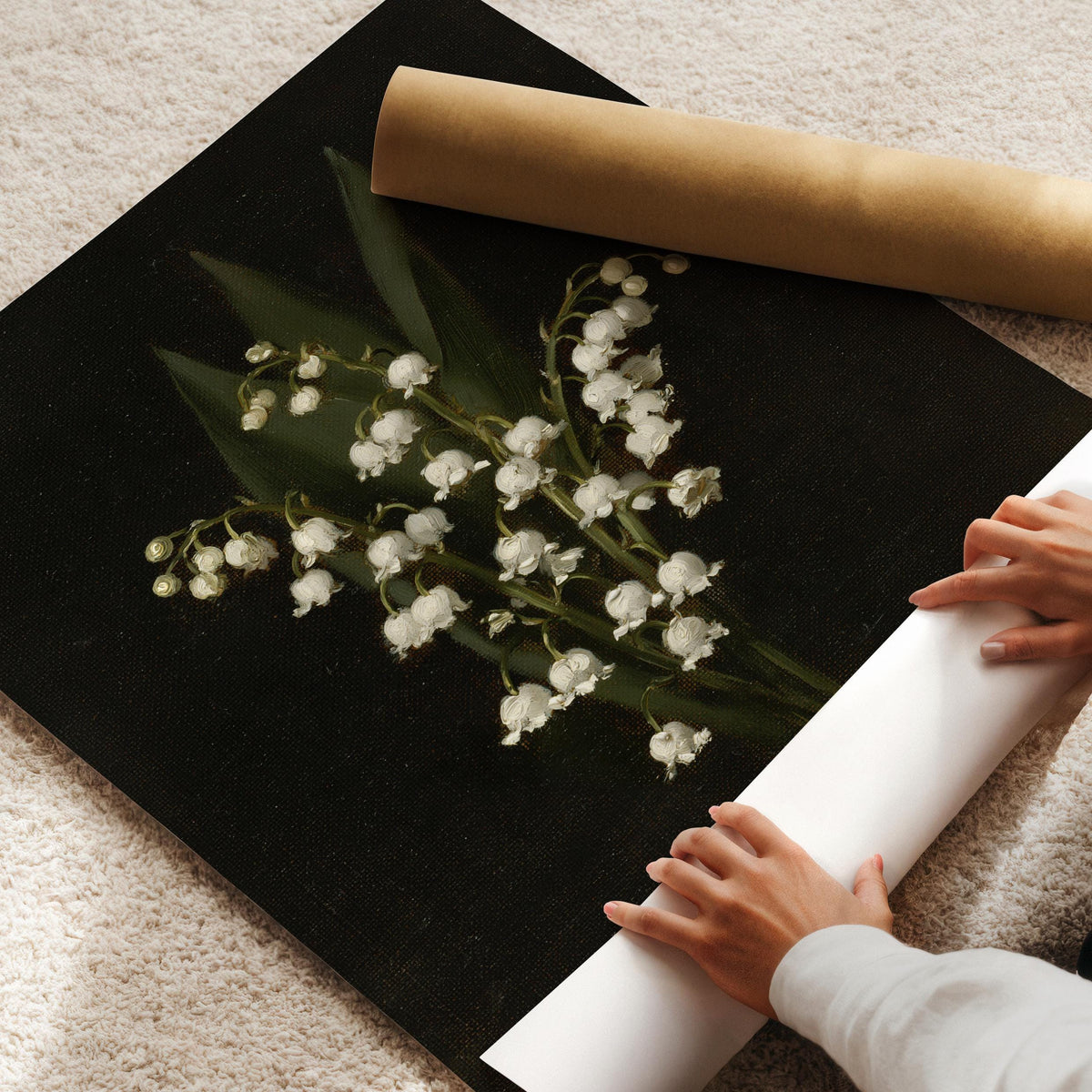 Drooping white flowers poster for nursery — soft brushwork botanical print with moody deep background
