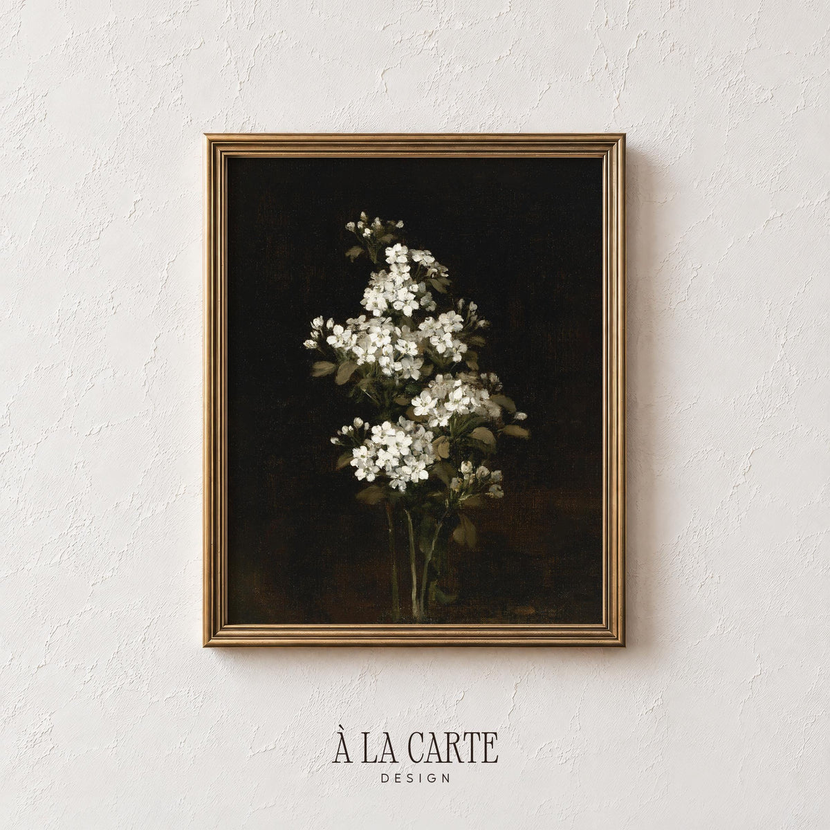 Moody flora arrangement picture for entryway — vintage dark background wall art with refined elegance
